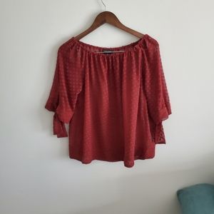 Lord & Taylor sheer burgundy off the shoulder blouse size small tie sleeve